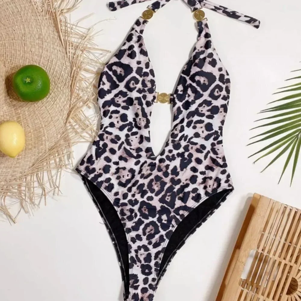 New Sexy Leopard Cut Out Front Onepiece Swimsuit